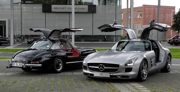 Classic Mercedes-Benz 300SL (left) and the current SLS AMG (right)