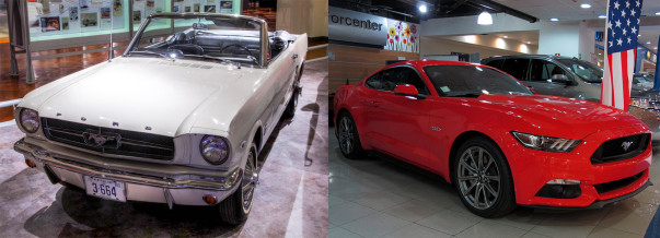 1964 Ford Mustang (left) and 2015 Ford Mustang (right)